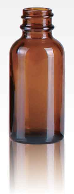Catalog reference for the 1 oz amber Boston round bottle; low-resolution reference only.