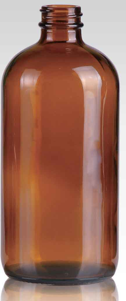 Low-resolution catalog reference for 16 oz Amber Boston Round Bottle; website image rights unconfirmed.